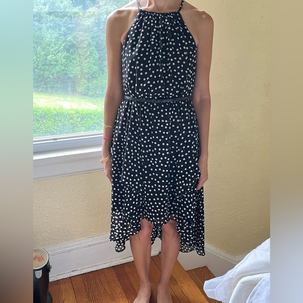 White House Black Market Women's Halter Black White Polka Dots High Low Dress
